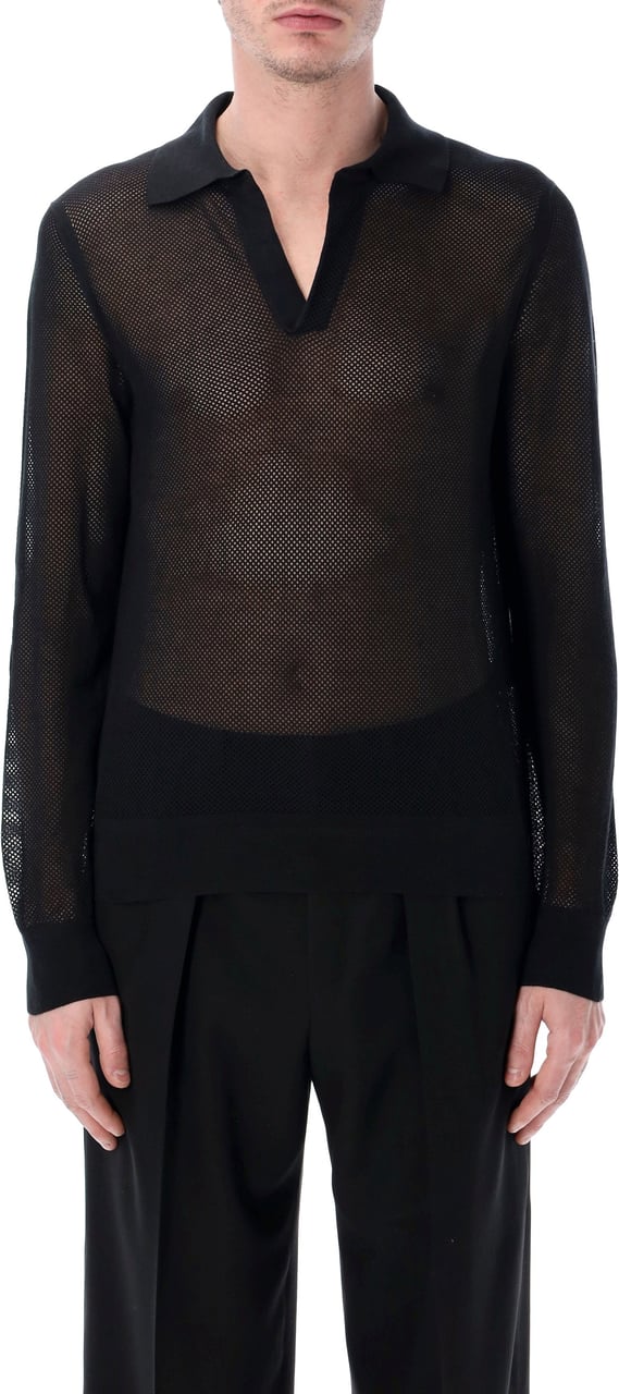 Tom Ford Mesh Cotton Slik V Neck Knit Nero Zwart