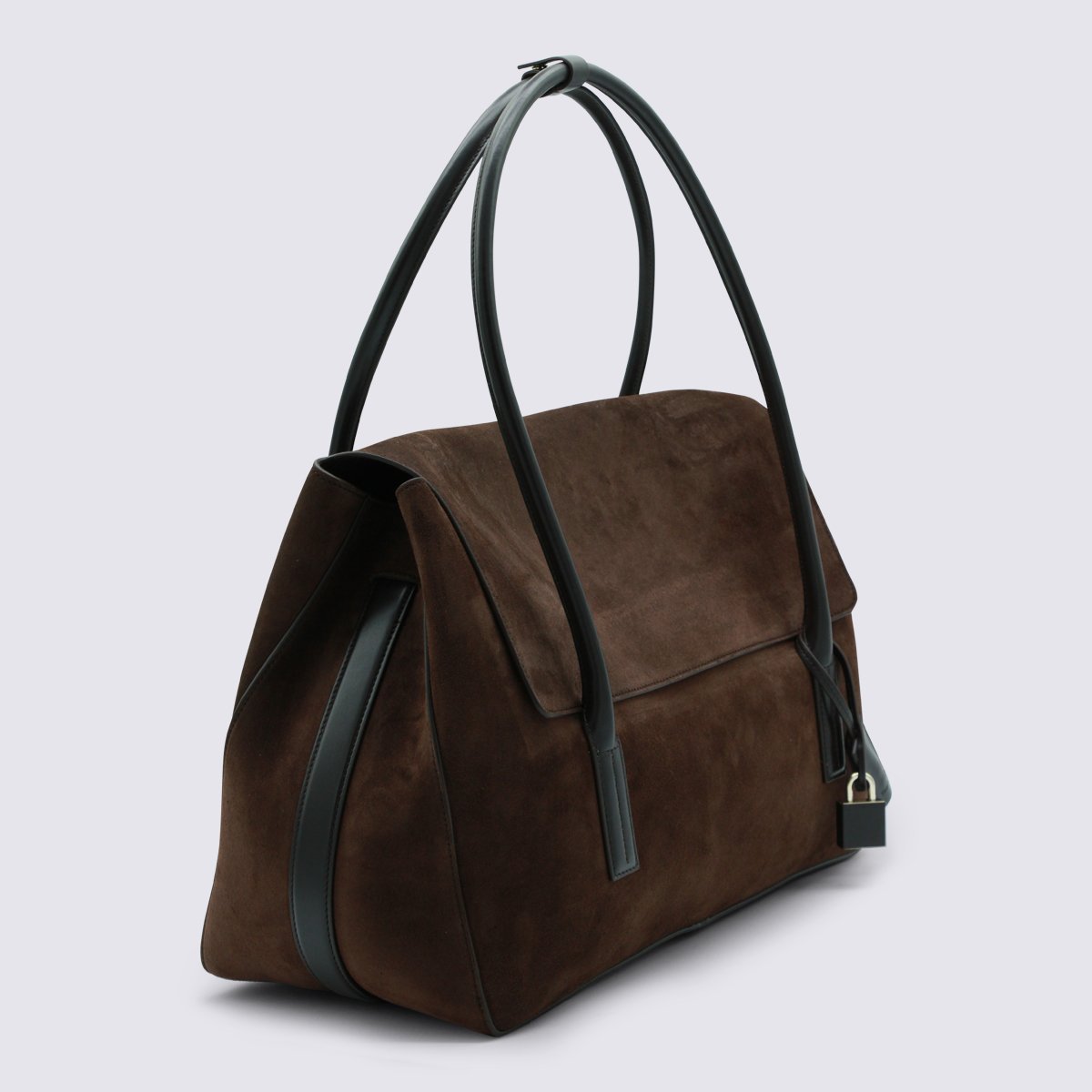 Tom Ford Dark Brown Suede Handbag With Leather Accents And Padlock Detail Bruin
