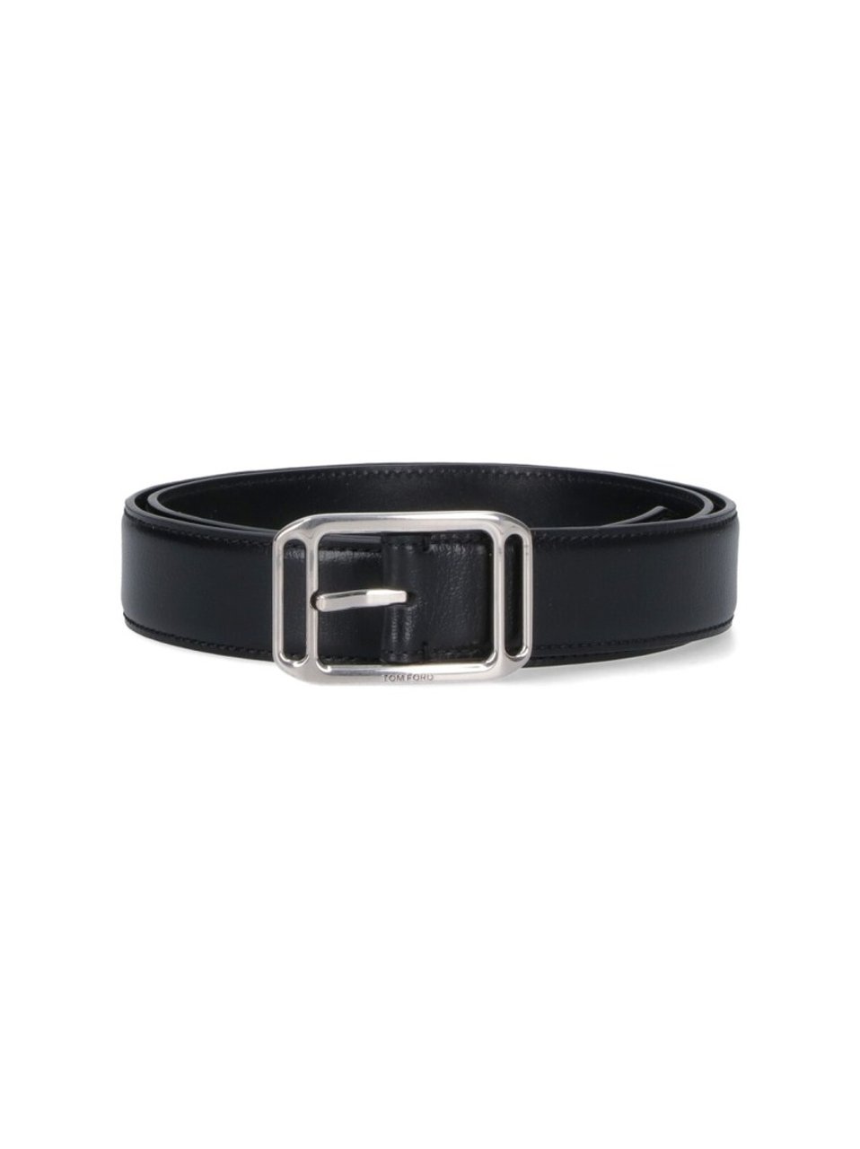 Tom Ford Polished Silver Buckled Black Leather Belt Zwart