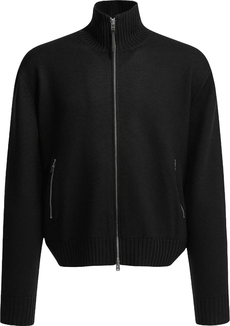 Tom Ford MERINO WOOL LEATHER PATCHED ZIP THROUGH CARDIGAN Zwart