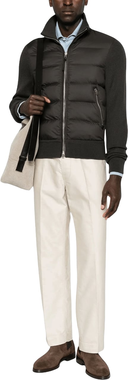 Tom Ford NYLON DOWN FRONT MERINO WOOL ZIP THROUGH CARDIGAN Donkergrijs