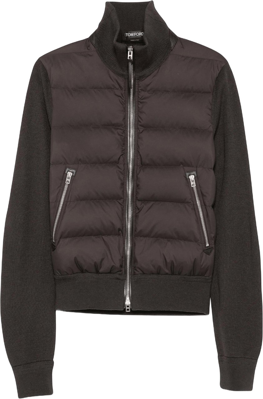 Tom Ford NYLON DOWN FRONT MERINO WOOL ZIP THROUGH CARDIGAN Donkergrijs