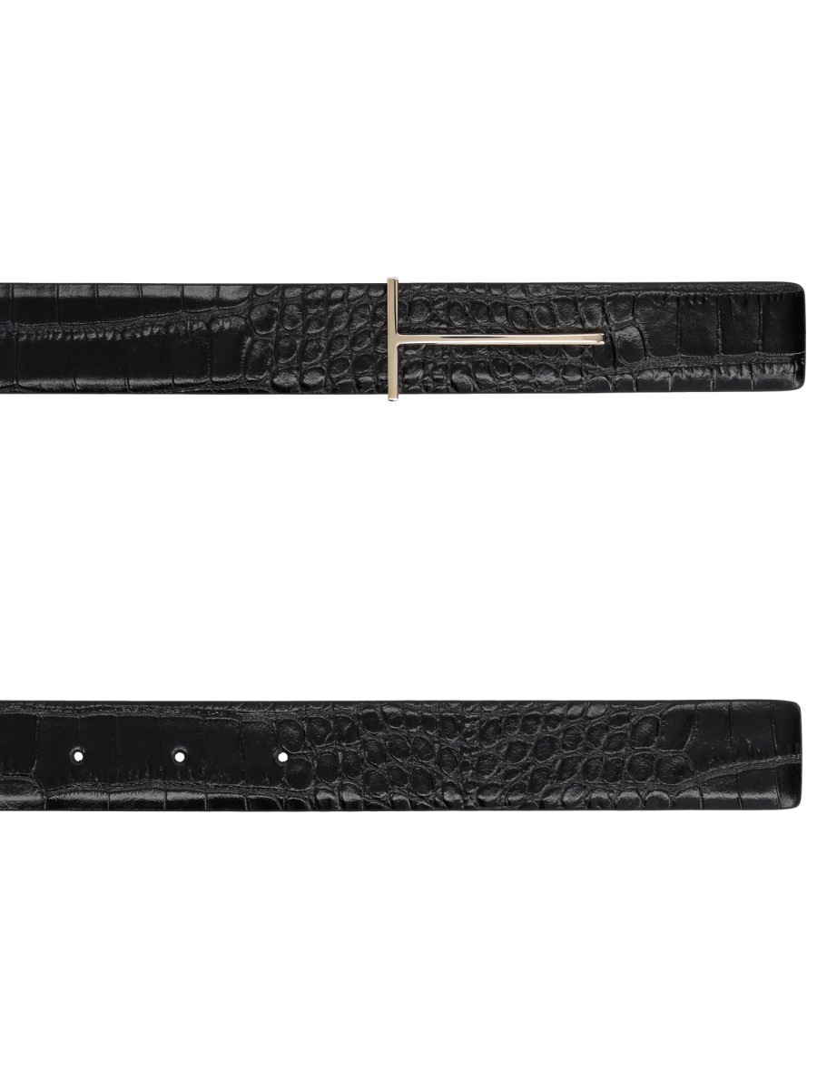 Tom Ford Crocodile Texture Minimalist Buckle Leather Belt Zwart