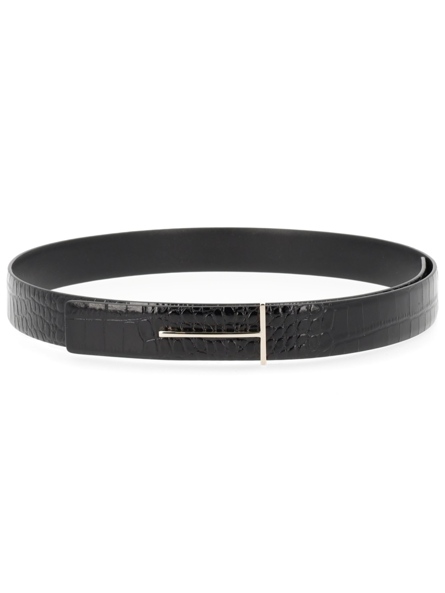 Tom Ford Crocodile Texture Minimalist Buckle Leather Belt Zwart