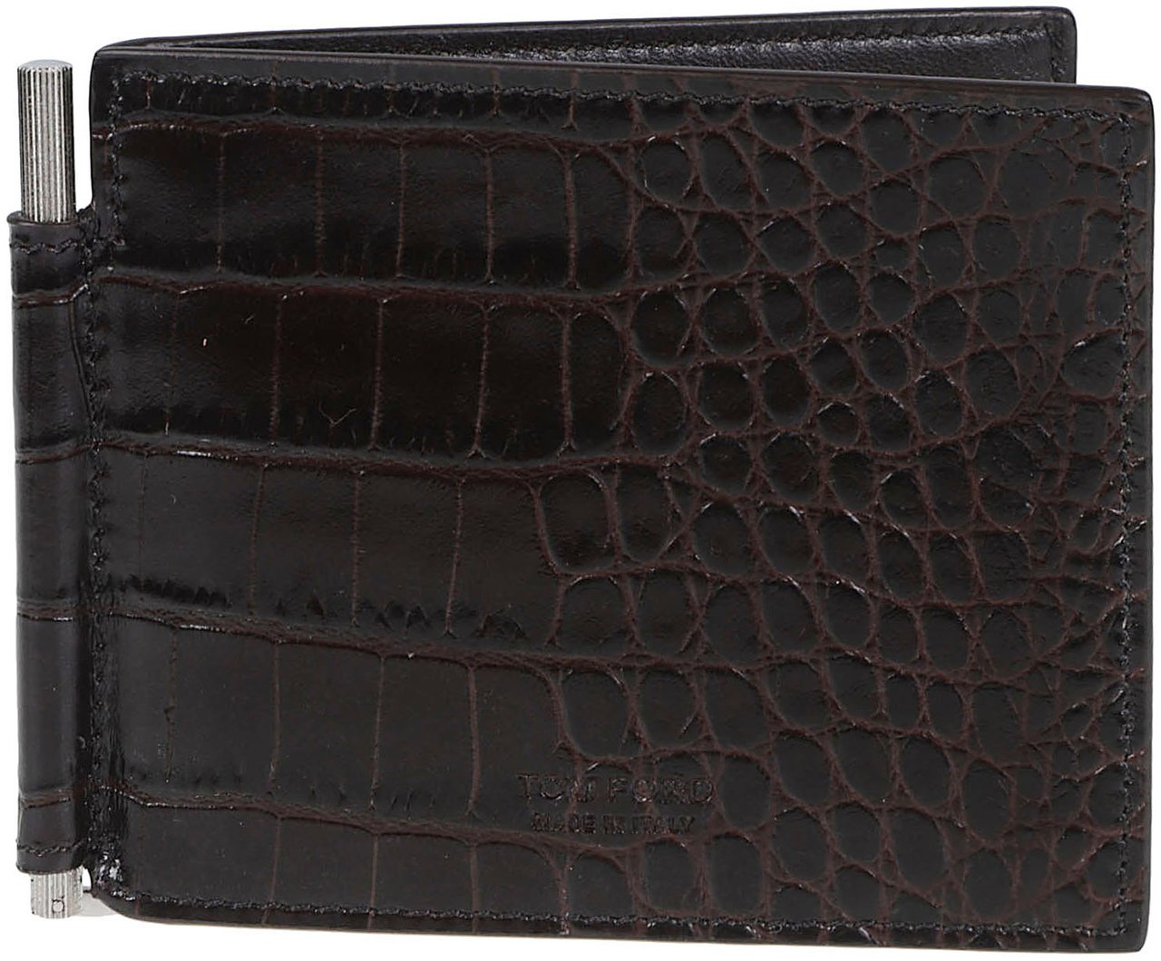 Tom Ford Shiny Printed Croc T Line Money Clip Wallet Brown Bruin