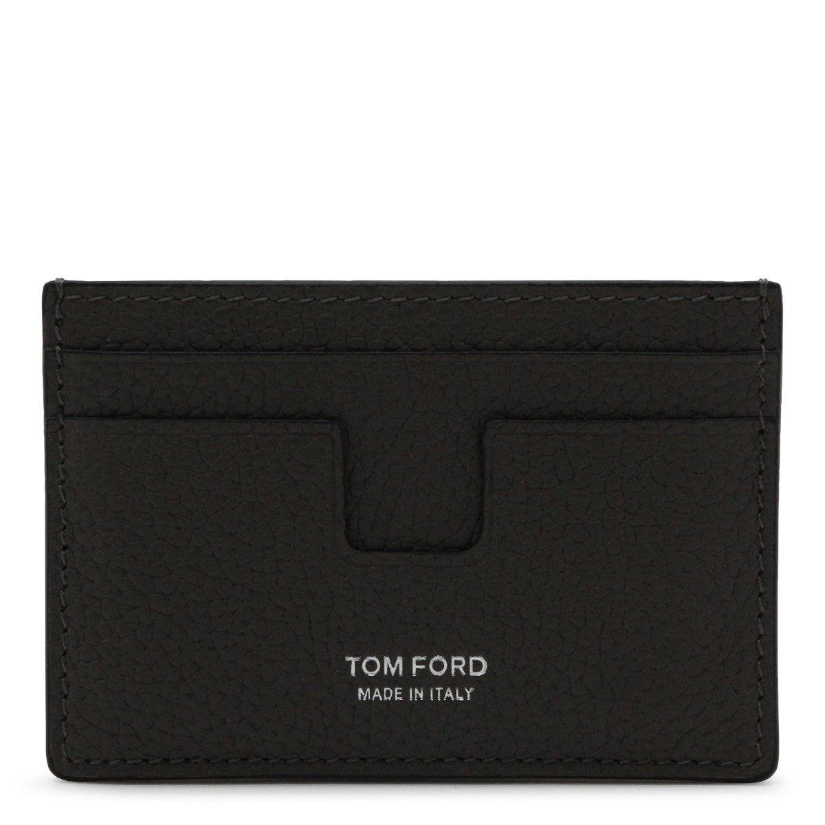 Tom Ford Textured Dark Grey Leather Card Holder with Embossed Logo Zwart