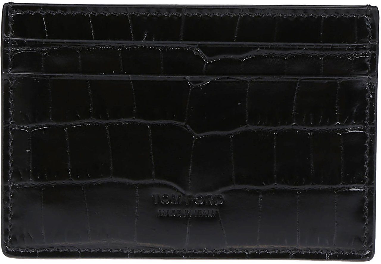Tom Ford Shiny Printed Croc Exotic Line Classic Credit Card Holder Black Zwart