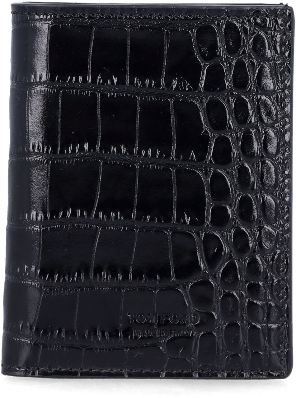 Tom Ford Folding Card Crocco Print Nero Zwart