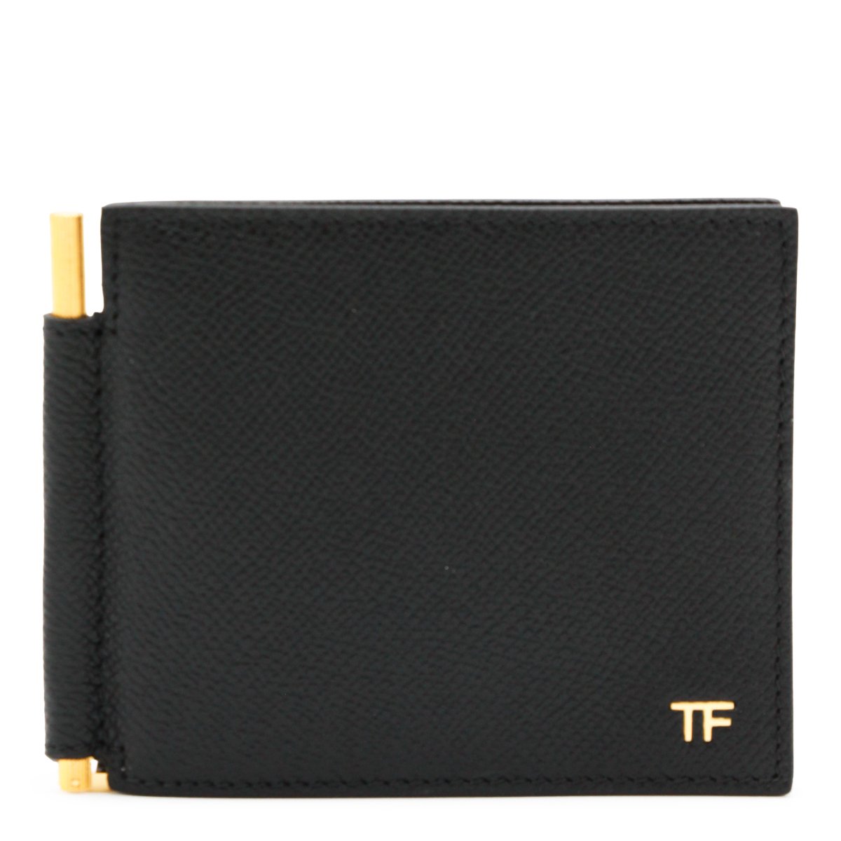 Tom Ford Textured Surface Black Bifold Wallet with Gold-Tone Clip Zwart