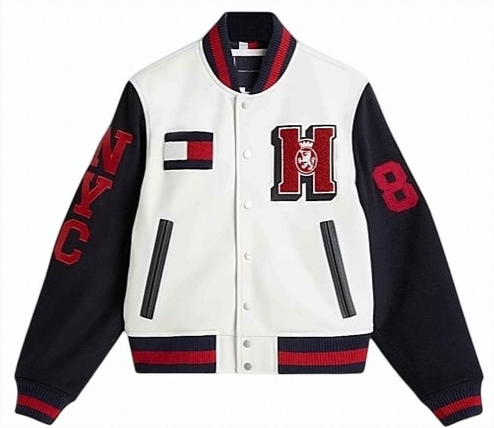 Tommy Hilfiger Leather Wool College Bomber Jacket Wit