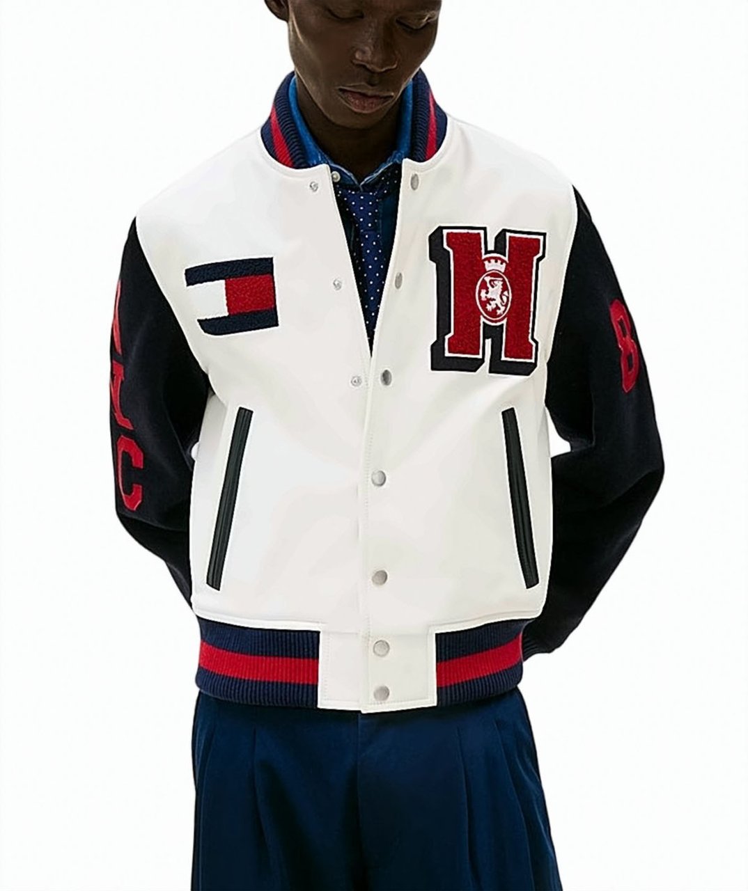 Tommy Hilfiger Leather Wool College Bomber Jacket Wit