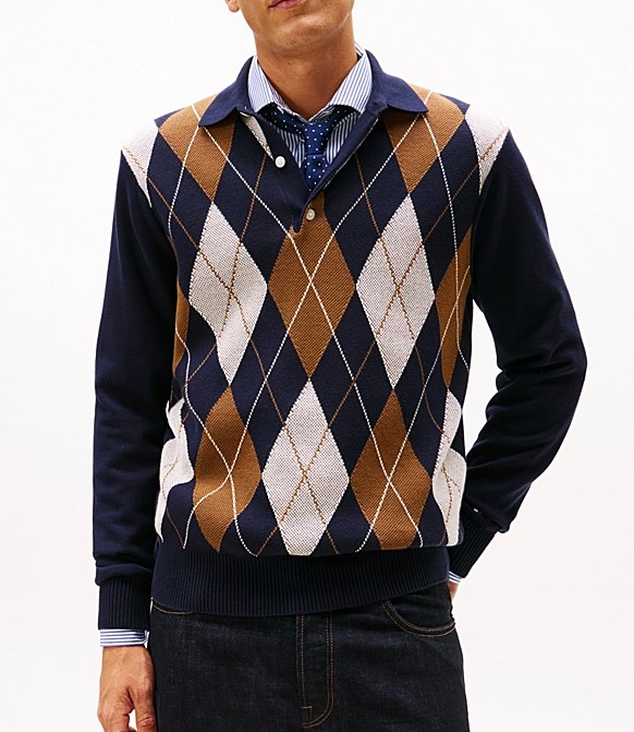 Tommy Hilfiger Diamond Pattern Long-Sleeve Rugby-Style Top Blauw