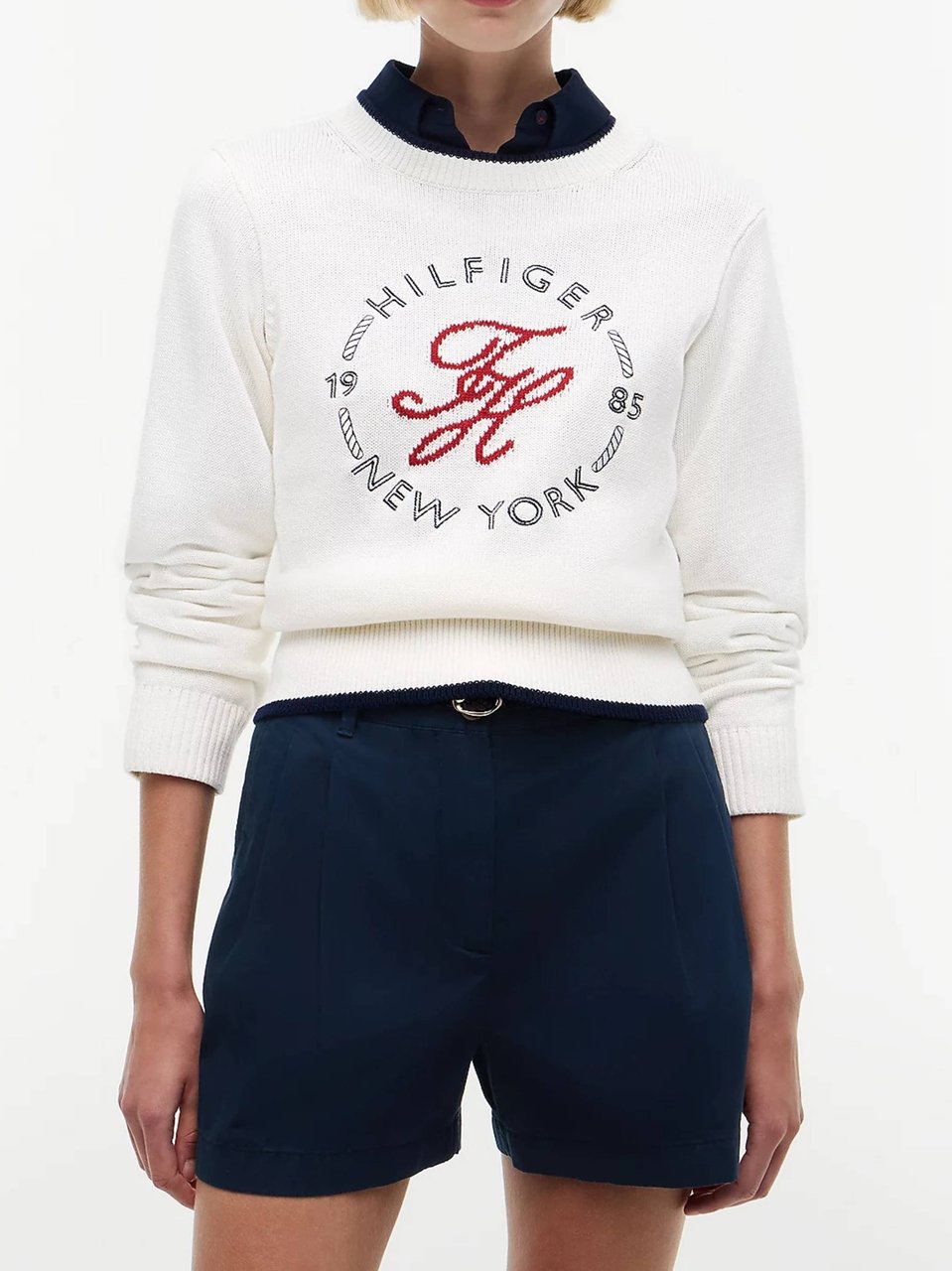 Tommy Hilfiger White Knit Embroidered Cropped Sweater Wit