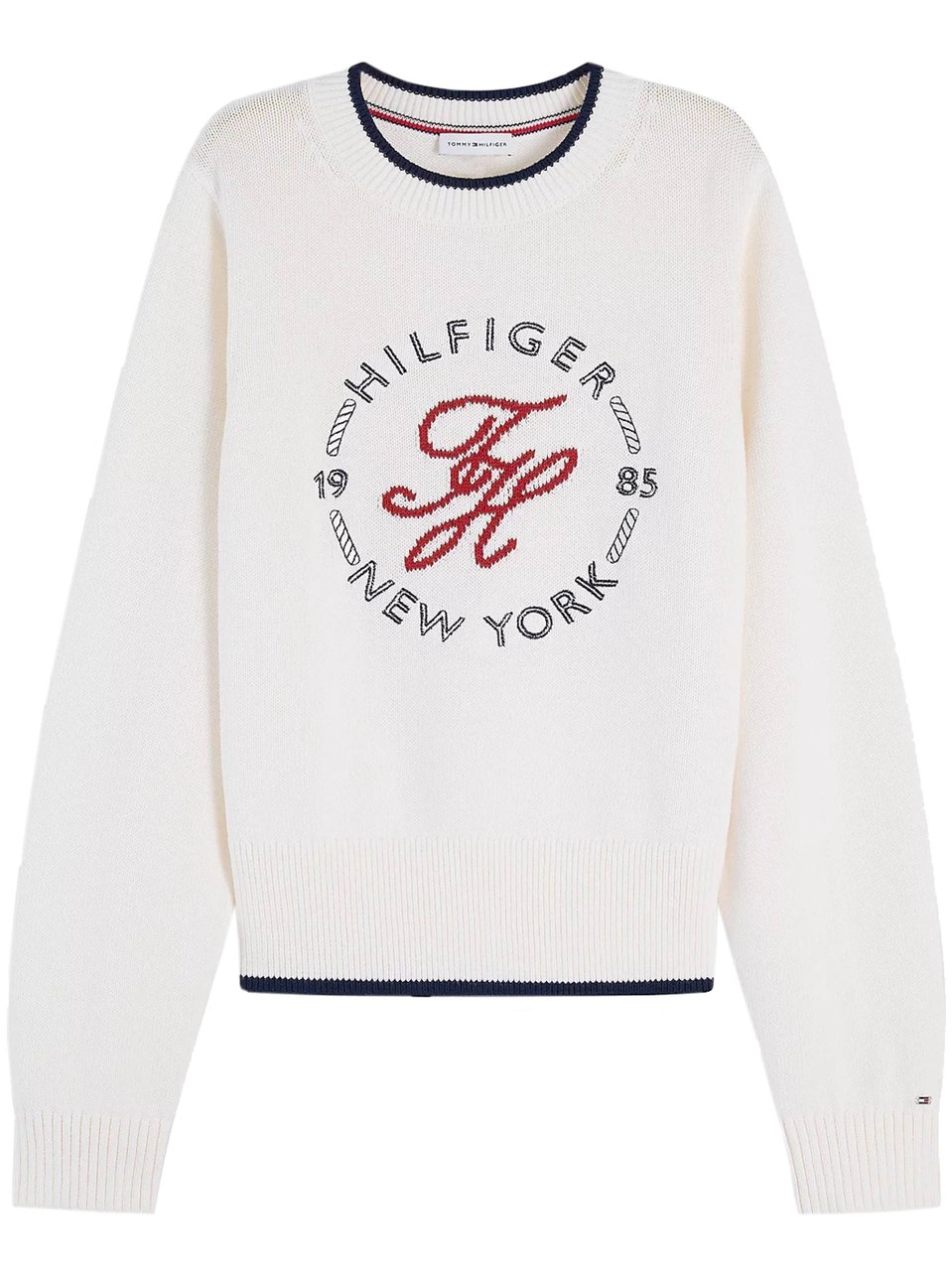 Tommy Hilfiger White Knit Embroidered Cropped Sweater Wit