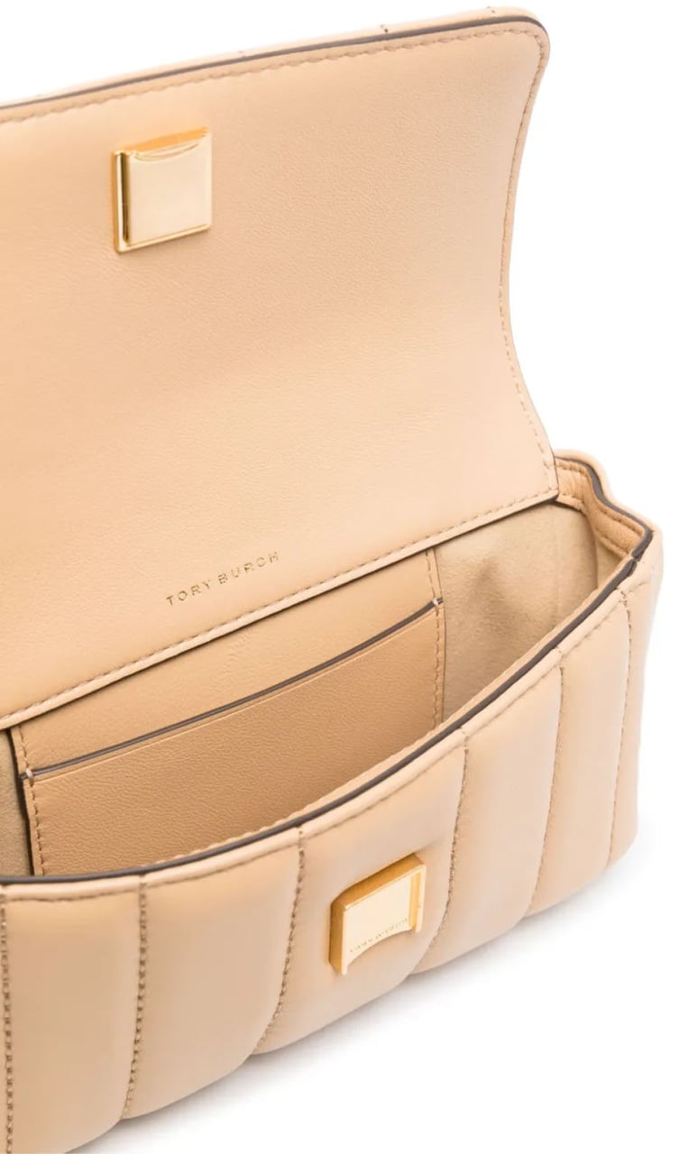 Tory Burch Kira Mini Flap Quilted Logo Shoulder Bag Beige