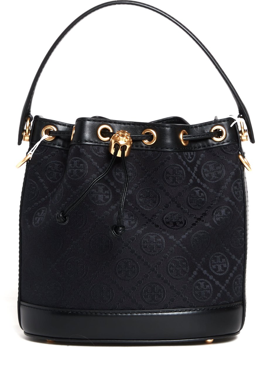 Tory Burch Bucket Bag Tessuto Logato E Pelle Nera Zwart