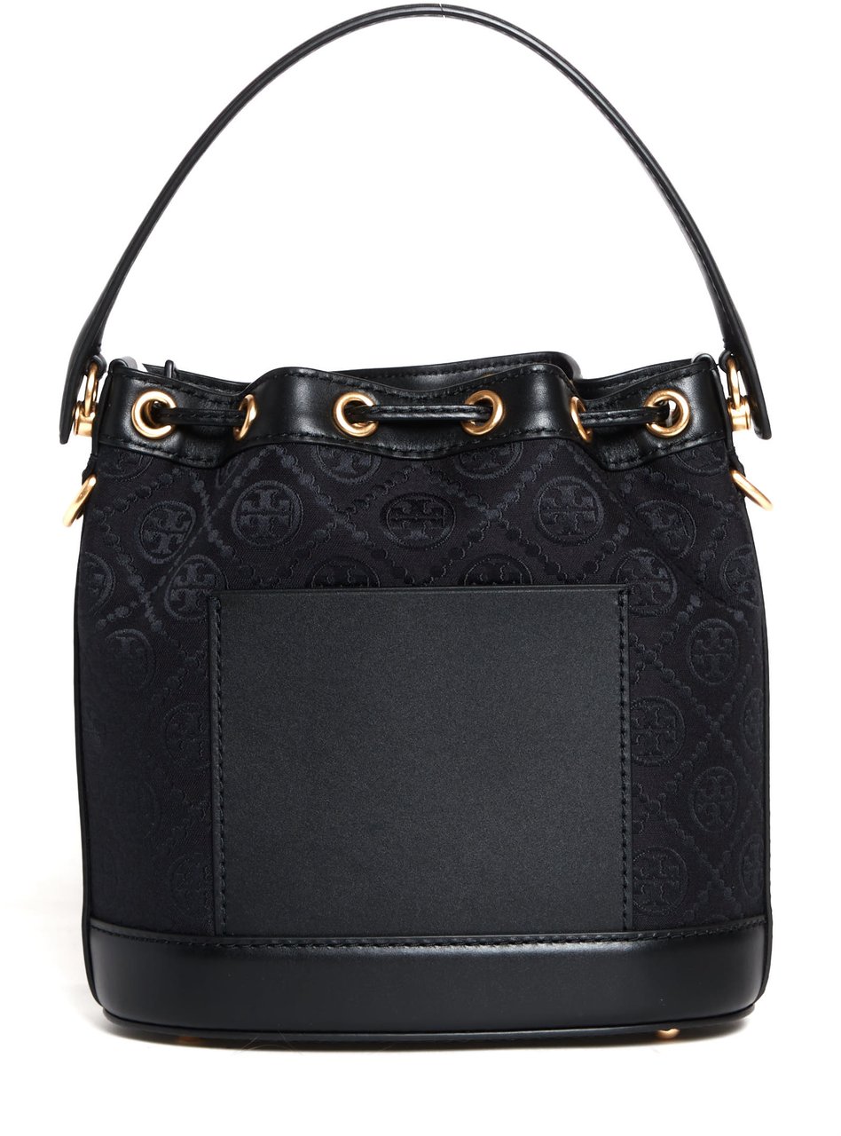 Tory Burch Bucket Bag Tessuto Logato E Pelle Nera Zwart
