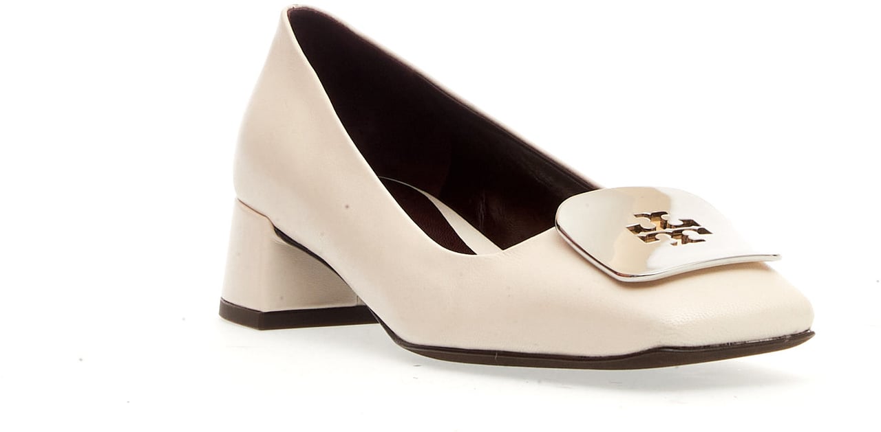 Tory Burch Pump Pelle Panna Fibbia Logo Argento Tacco 40 Wit