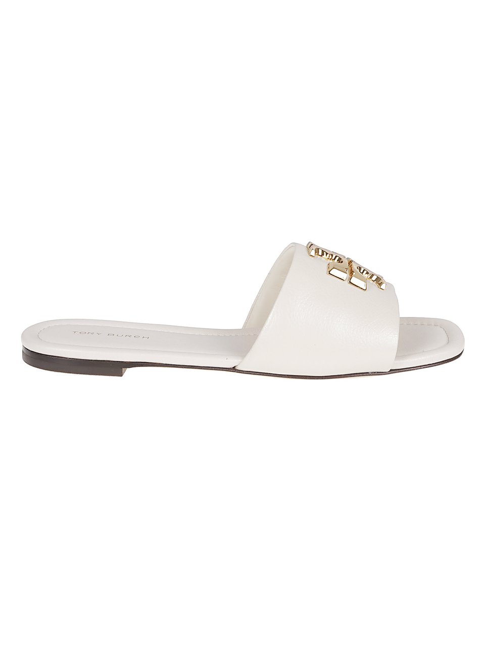 Tory Burch Leather Slide Sandals with Metallic T-Plate Wit