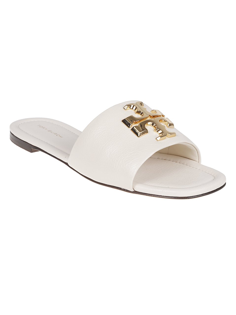 Tory Burch Leather Slide Sandals with Metallic T-Plate Wit