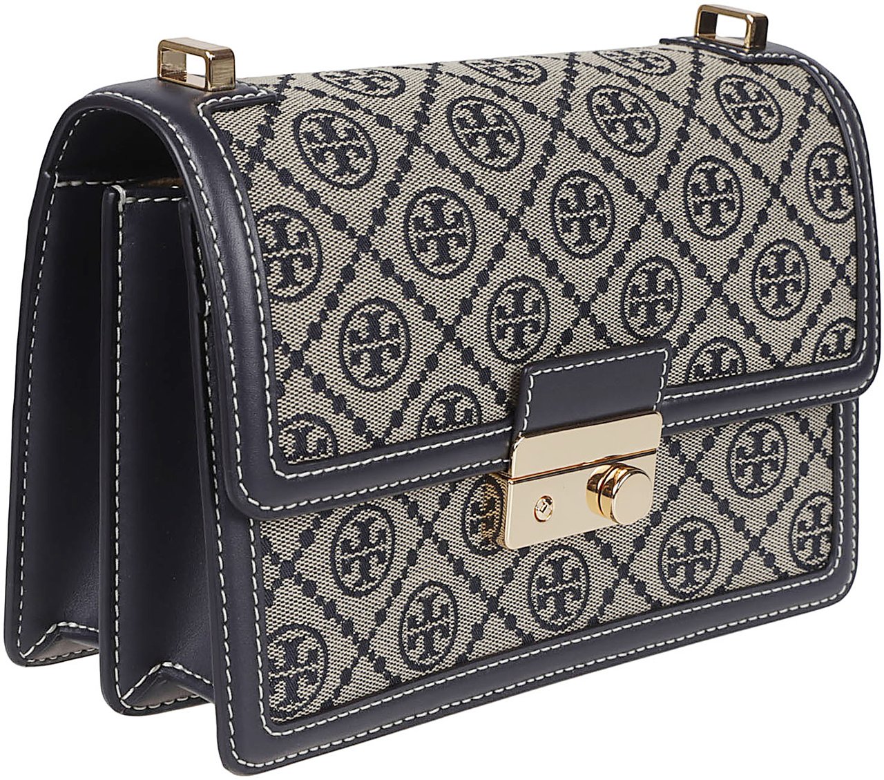 Tory Burch Rectangular Grey Patterned Bag with Gold Turn-Lock Closure Grijs