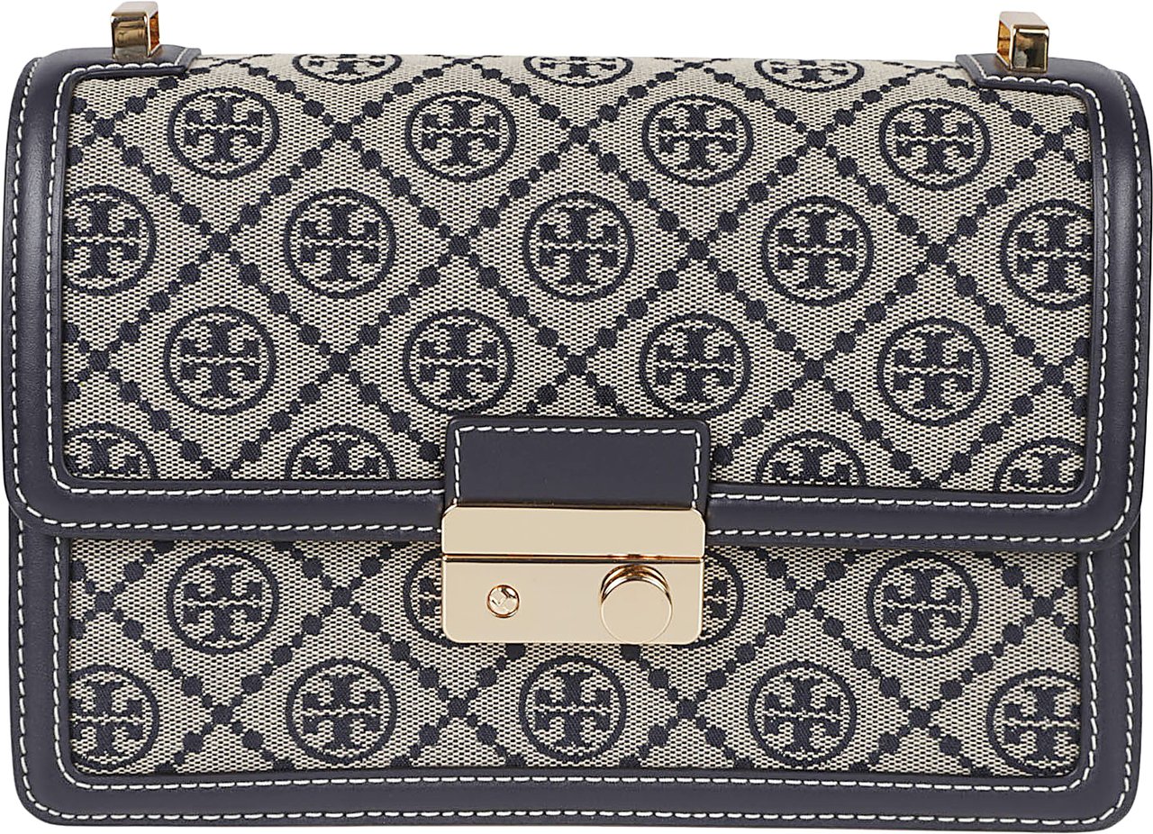 Tory Burch Rectangular Grey Patterned Bag with Gold Turn-Lock Closure Grijs