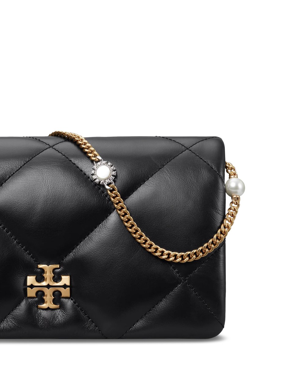 Tory Burch Quilted Black Leather Chain Wallet with Charm Accents Zwart