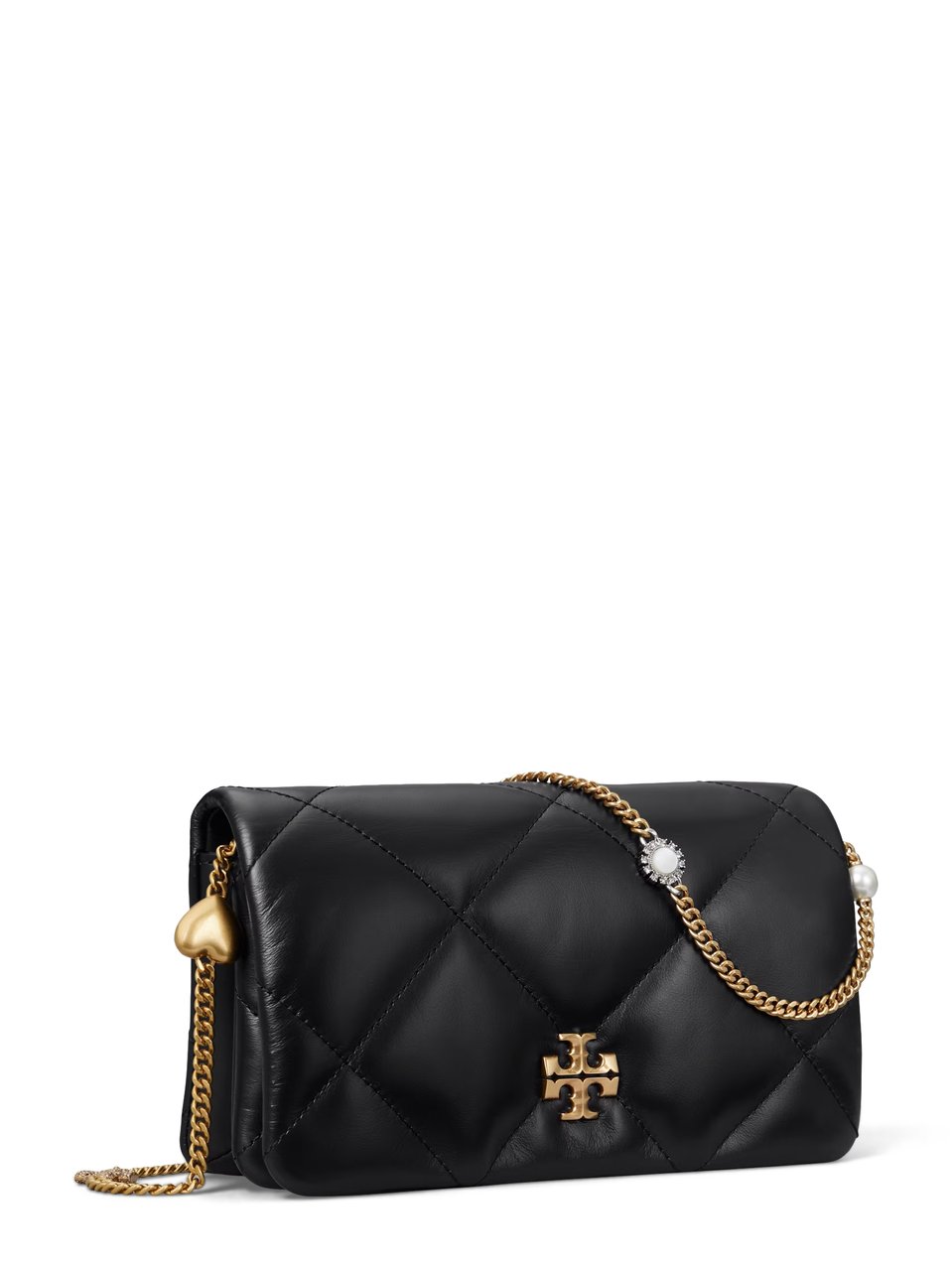 Tory Burch Quilted Black Leather Chain Wallet with Charm Accents Zwart