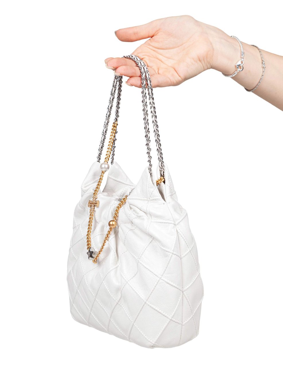 Tory Burch Tory burch mini fleming nappa hobo bag, white Wit