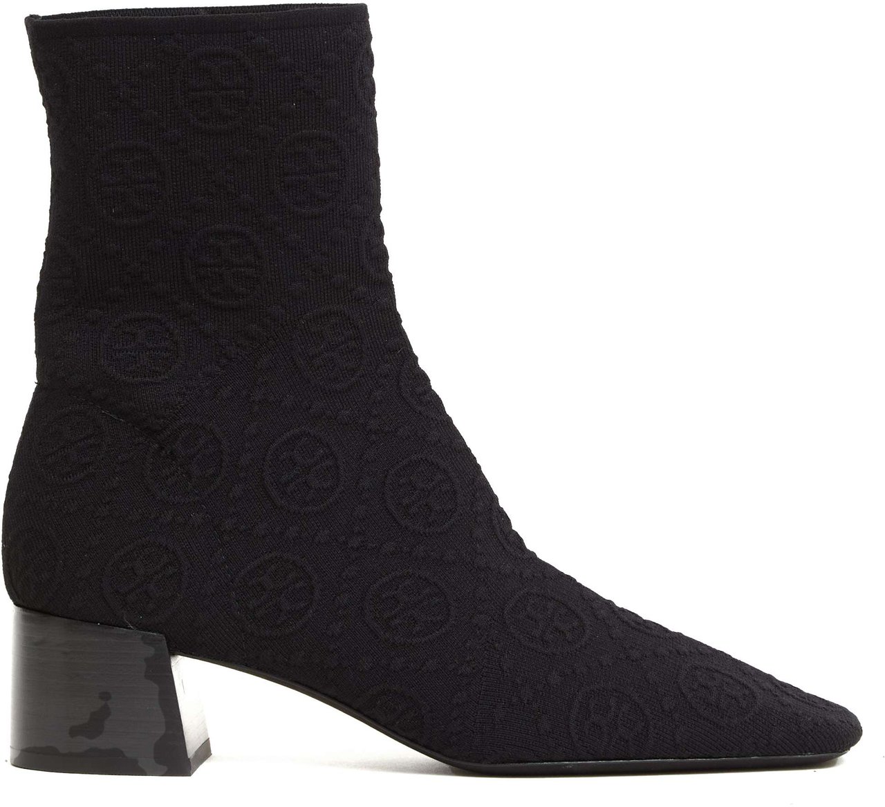 Tory Burch Stivaletto Tessuto Stretch Logato Nero Tacco 50 Mm Zwart