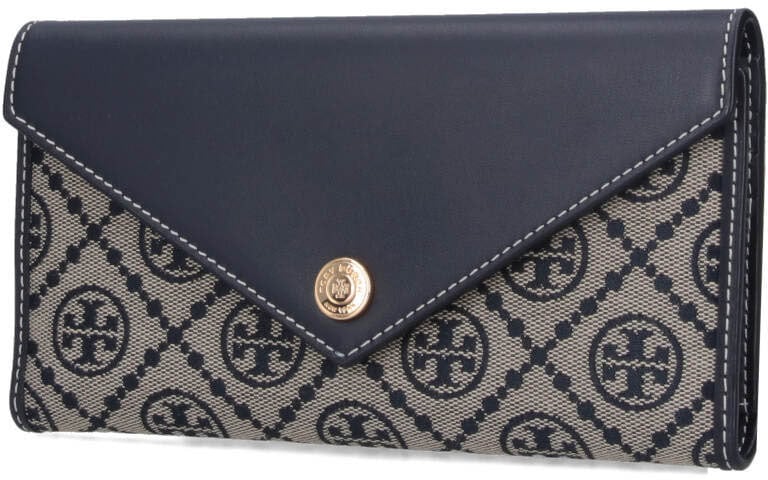 Tory Burch Beige T Monogram Jacquard Trifold Wallet Blauw