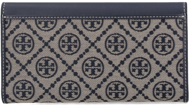 Tory Burch Beige T Monogram Jacquard Trifold Wallet Blauw