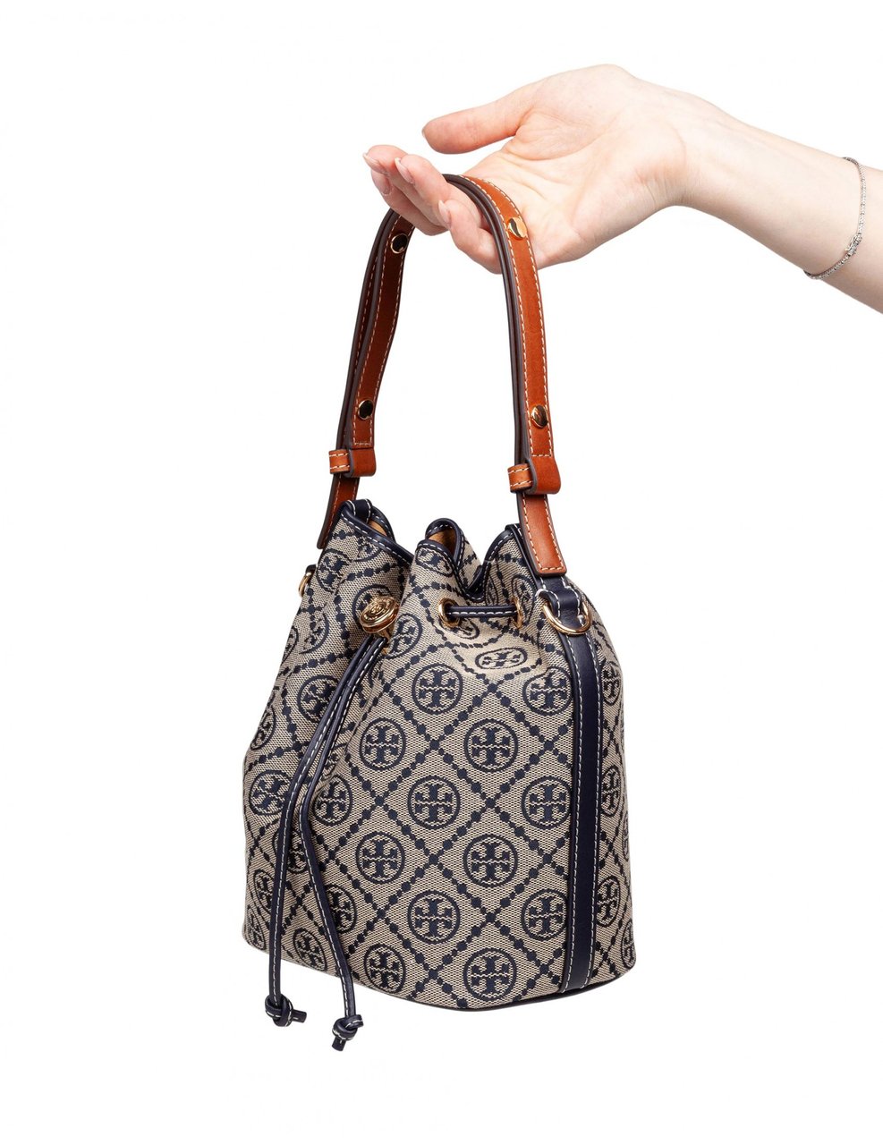 Tory Burch Tory burch monogram case bucket bag with jacquard pattern blue Blauw