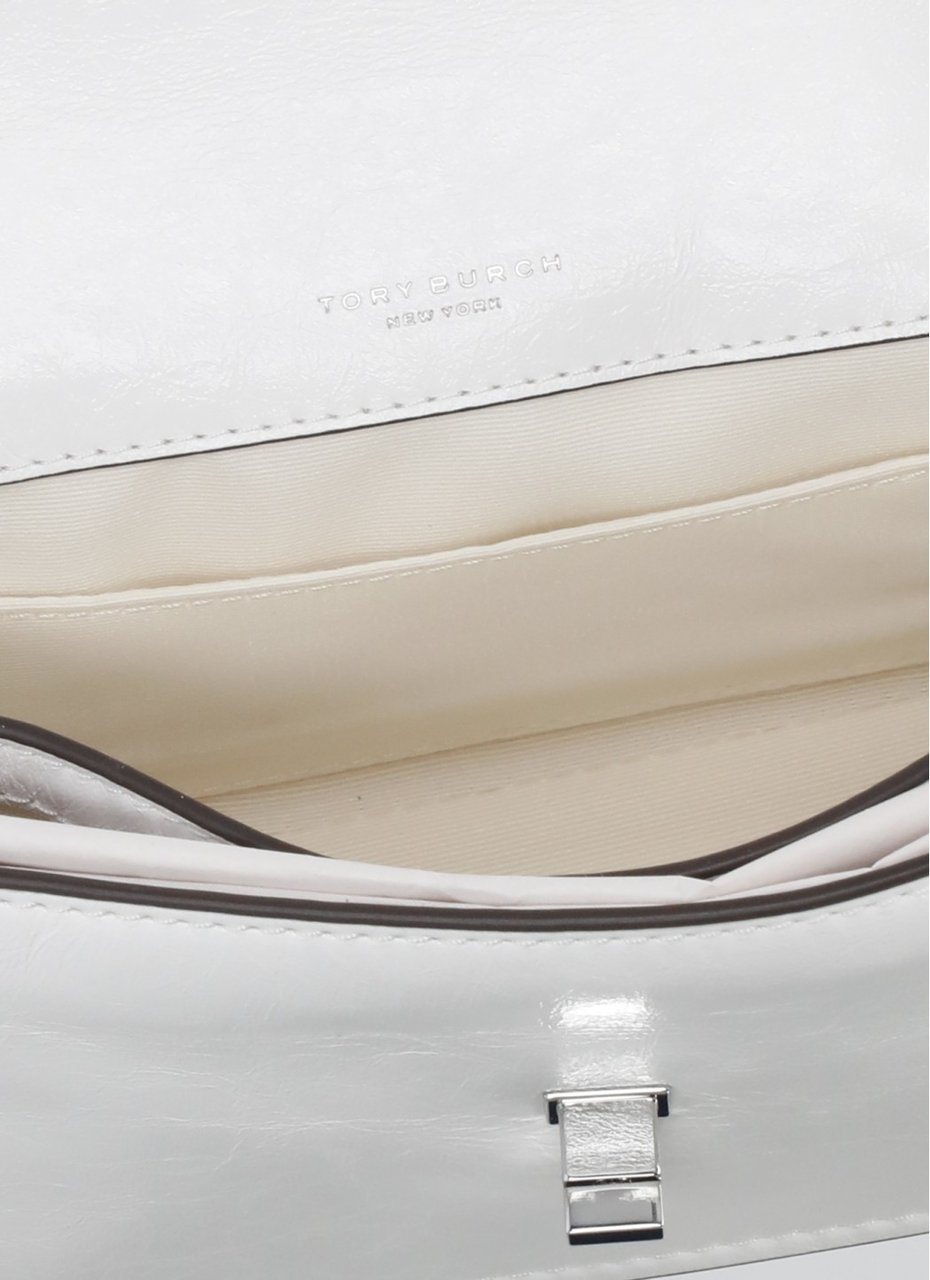 Tory Burch Kira Shoulder Bag In Smooth White Leather With Interlocking Logo Wit