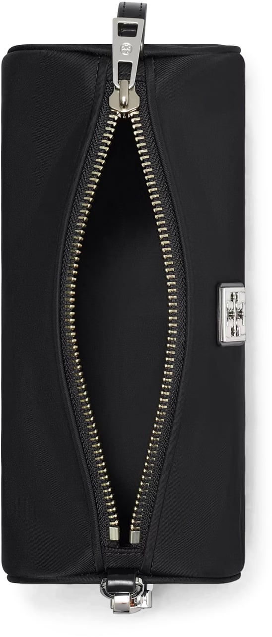 Tory Burch Structured Black Cylinder Bag with Metallic Logo Plaque Zwart