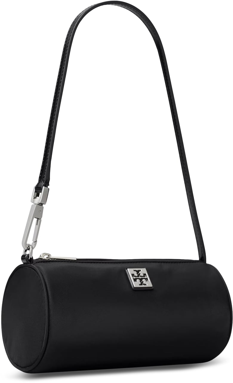 Tory Burch Structured Black Cylinder Bag with Metallic Logo Plaque Zwart