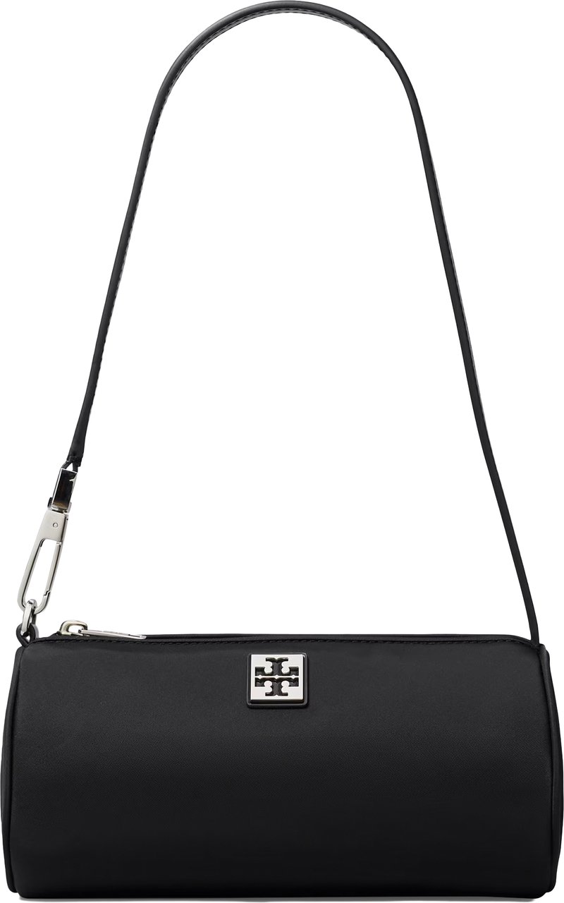 Tory Burch Structured Black Cylinder Bag with Metallic Logo Plaque Zwart