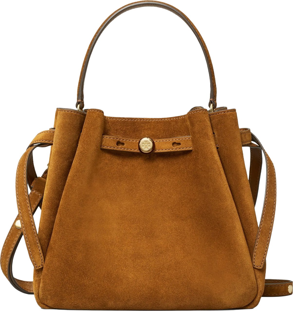 Tory Burch Structured Suede Brown Bucket Bag with Gold Accents Bruin