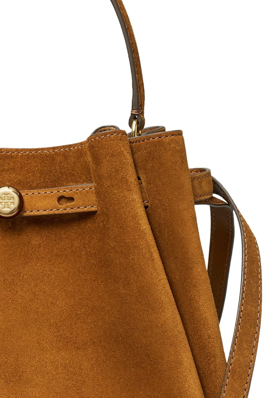 Tory Burch Structured Suede Brown Bucket Bag with Gold Accents Bruin