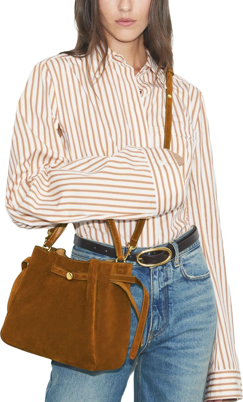 Tory Burch Structured Suede Brown Bucket Bag with Gold Accents Bruin