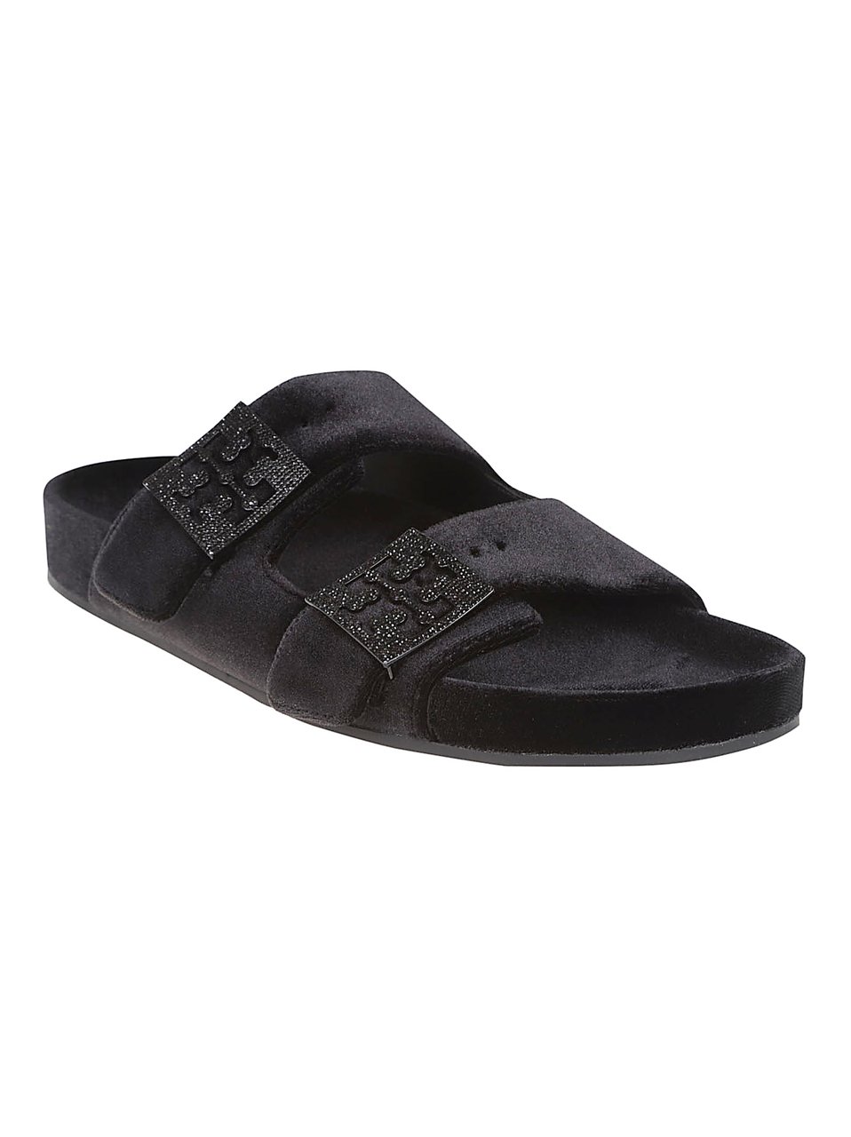 Tory Burch Black Velvet Two-Strap Sandals With Pave-Embellished Hardware Zwart