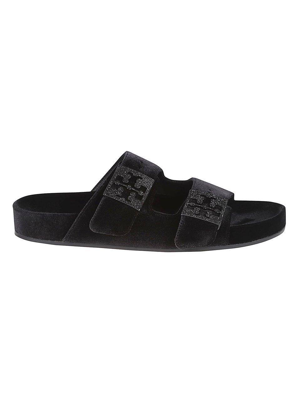 Tory Burch Black Velvet Two-Strap Sandals With Pave-Embellished Hardware Zwart