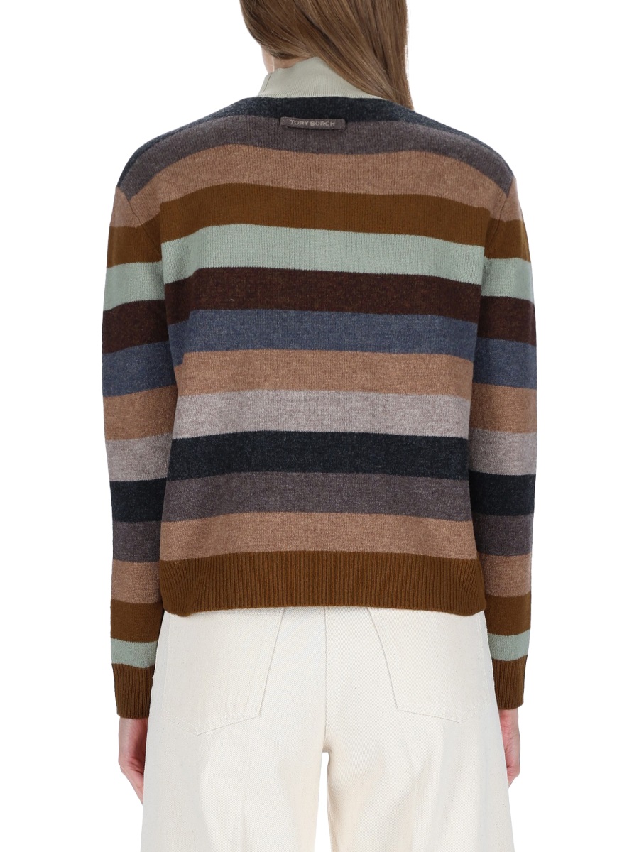 Tory Burch Striped Horizontal Merino Wool Sweater Neutraal