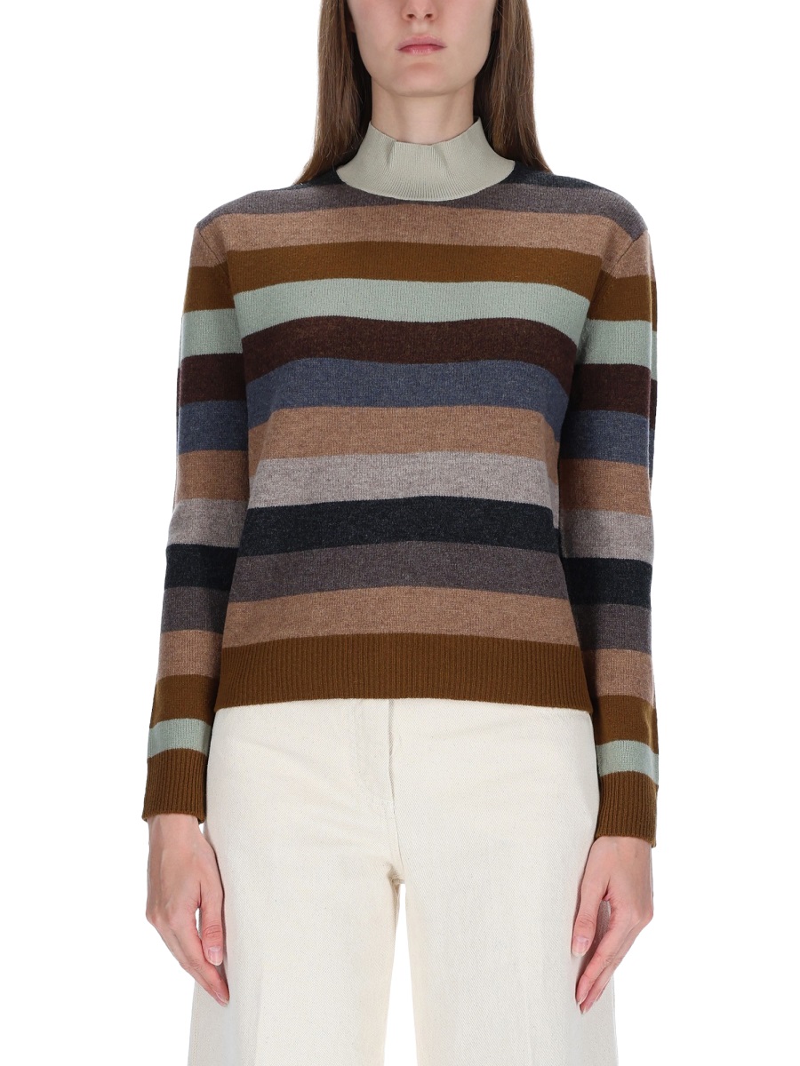 Tory Burch Striped Horizontal Merino Wool Sweater Neutraal
