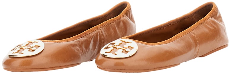 Tory Burch Nappa Leather Ballet Flats with Elasticated Edges and Metal Logo Coin Bruin