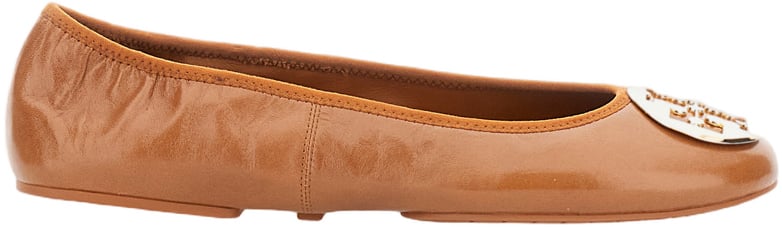 Tory Burch Nappa Leather Ballet Flats with Elasticated Edges and Metal Logo Coin Bruin