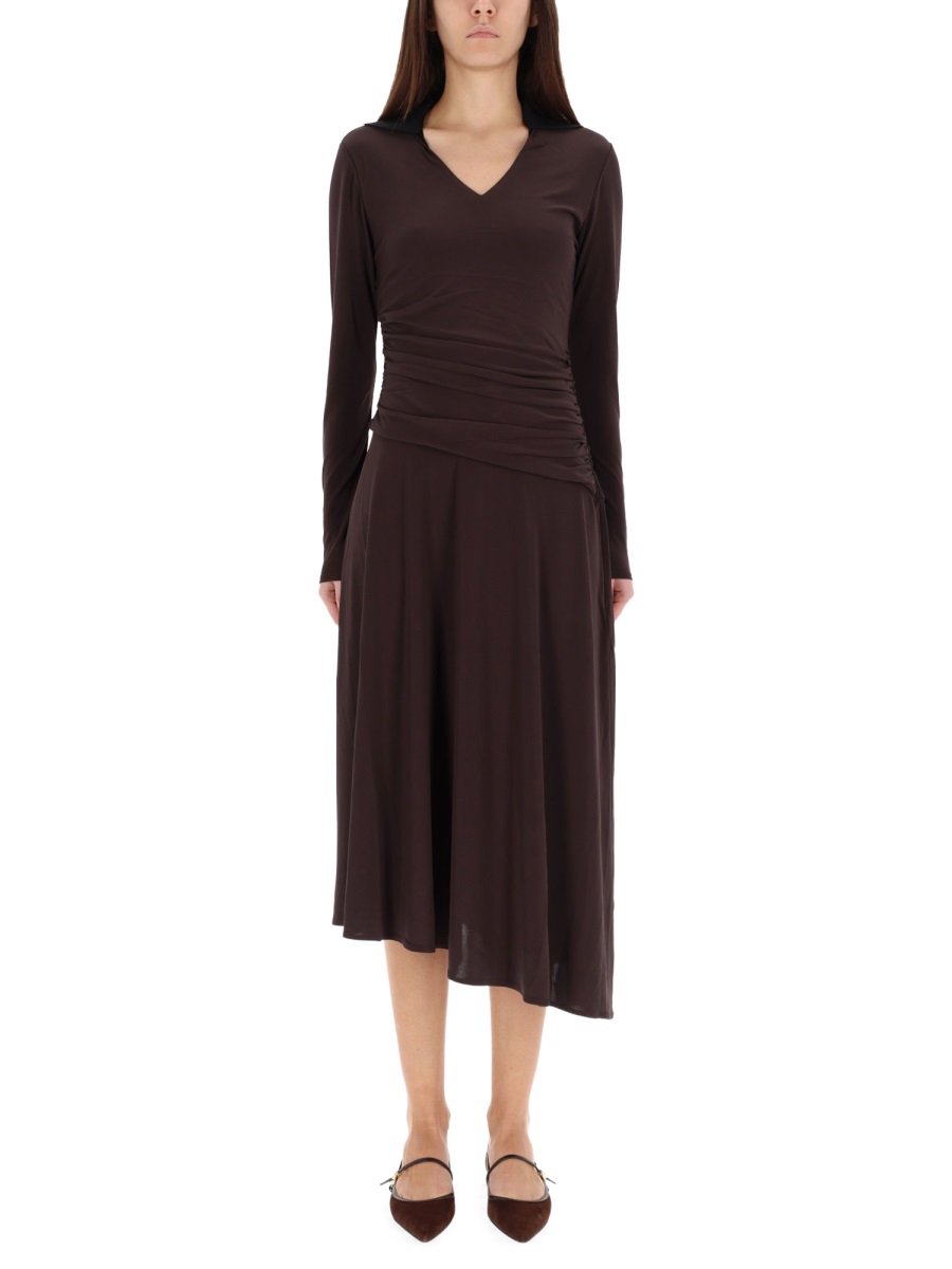 Tory Burch Asymmetrical Ruched V-Neck Midi Dress Zwart