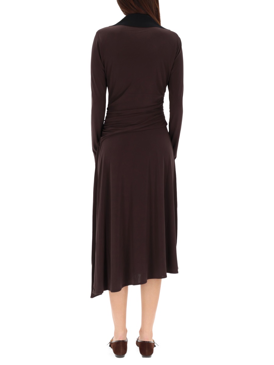 Tory Burch Asymmetrical Ruched V-Neck Midi Dress Zwart