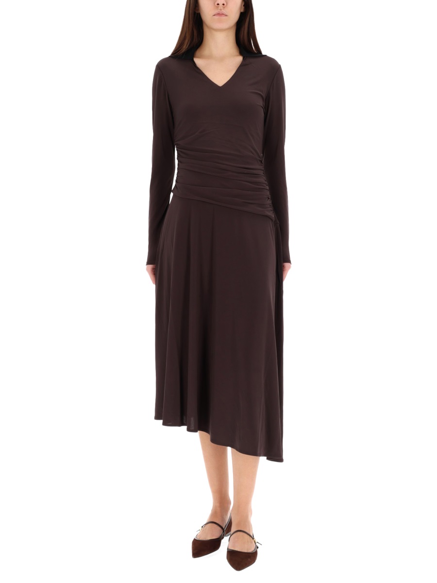 Tory Burch Asymmetrical Ruched V-Neck Midi Dress Zwart