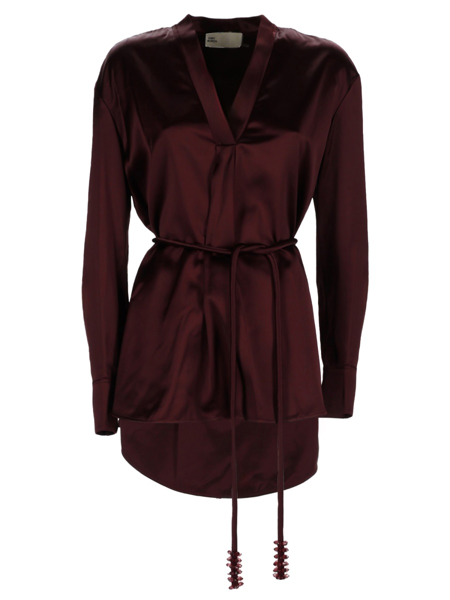 Tory Burch Deep V-Neck Satin Burgundy Belted Top Zwart